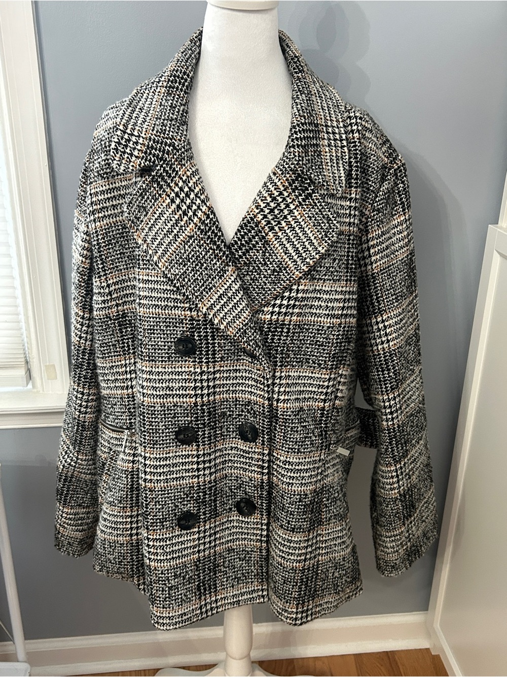 Maralyn & Me Black White Houndstooth Plaid Pea Coat Double Breasted Jacket 3X